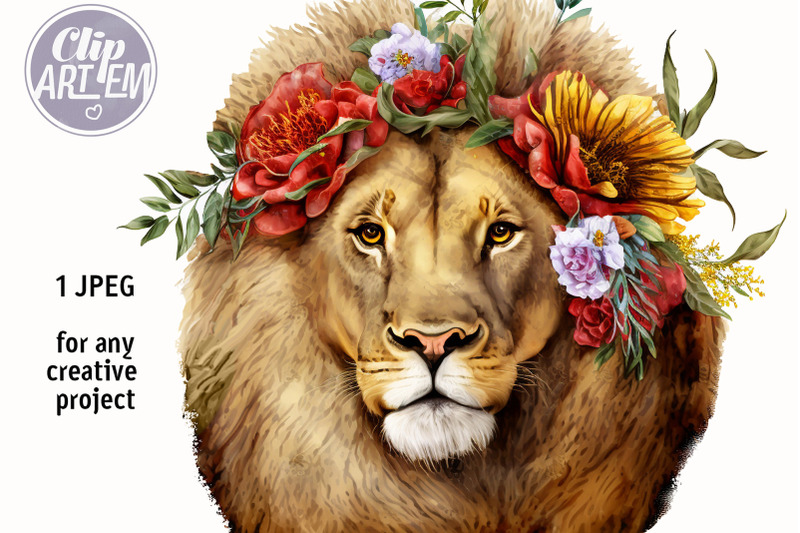floral-lion-red-flowers-watercolor-picture-digital-print-jpeg-image
