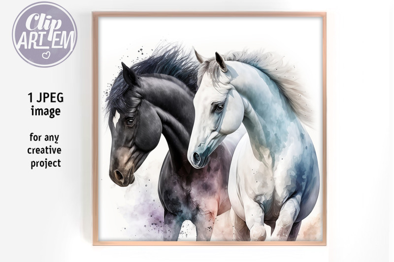 black-and-white-horses-home-decor-jpeg-digital-print-image-watercolor