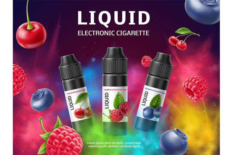 vape-liquid-poster-colorful-flavor-explosion-realistic-bottles-with