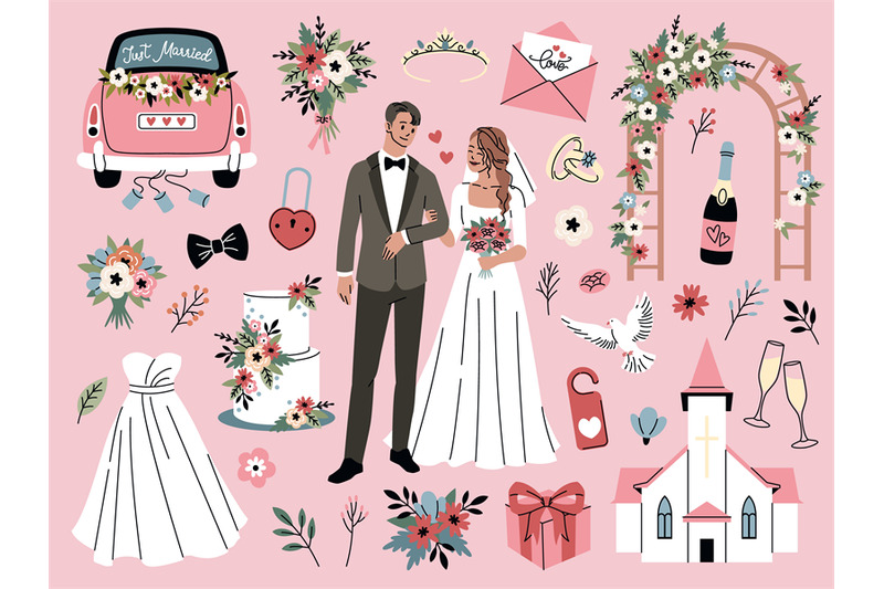 cartoon-wedding-elements-romantic-party-objects-bride-and-groom-acce