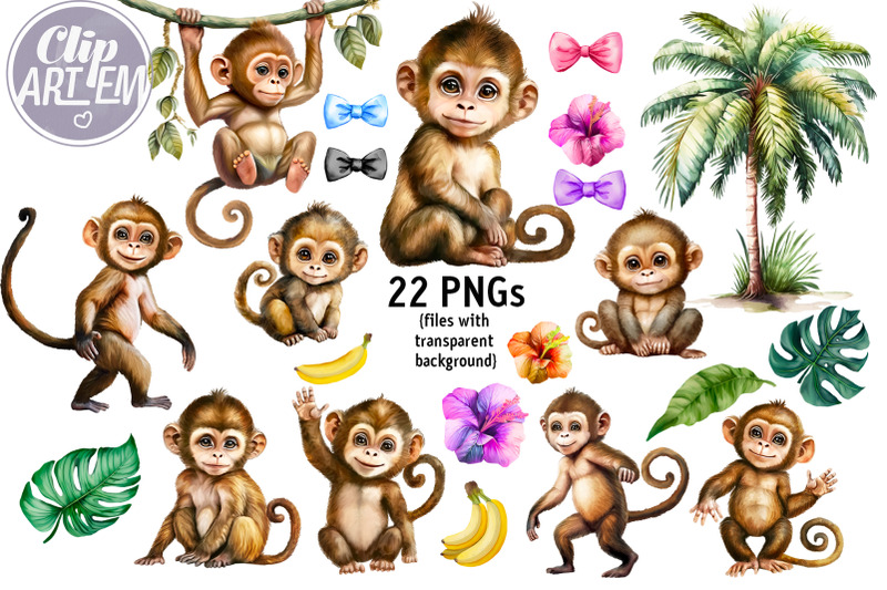 sweet-monkey-bundle-jungle-22-png-watercolor-images-clip-art-digital