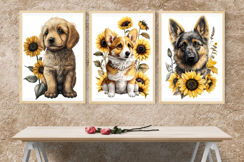 cute-puppy-dogs-sunflower-watercolor-clipart-sublimation