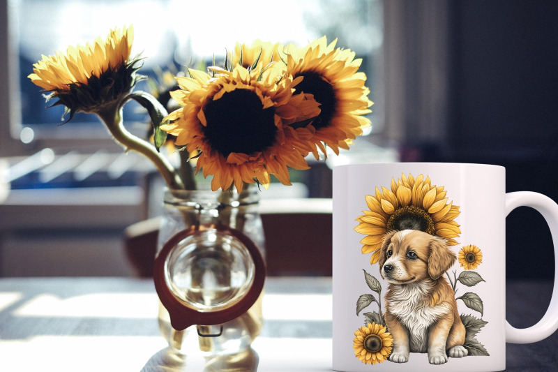 cute-puppy-dogs-sunflower-watercolor-clipart-sublimation