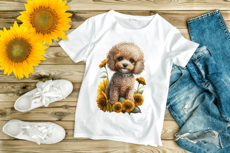 cute-puppy-dogs-sunflower-watercolor-clipart-sublimation