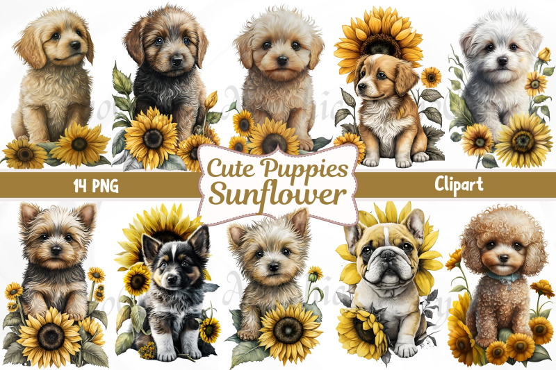 cute-puppy-dogs-sunflower-watercolor-clipart-sublimation