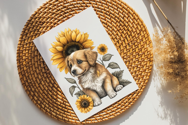 cute-puppy-dogs-sunflower-watercolor-clipart-sublimation