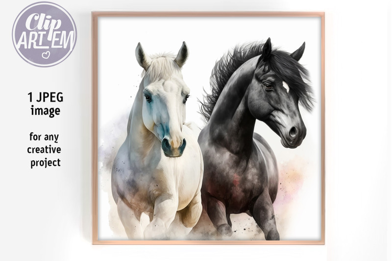 2-horses-black-and-white-watercolor-digital-jpeg-artwork-home-decor
