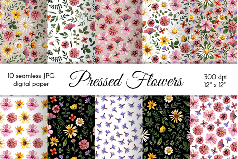 watercolor-pressed-flowers-digital-paper-seamless-patterns