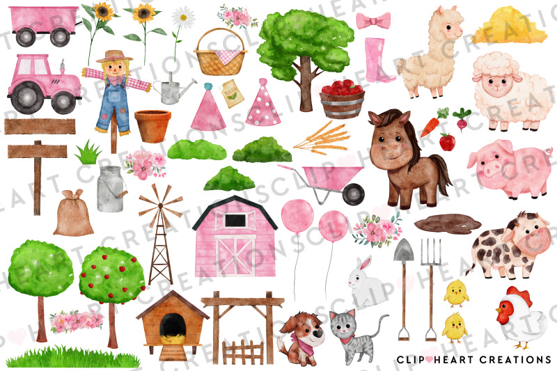 on-the-farm-pink-barnyard-watercolor-clip-art