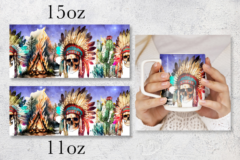 skull-mug-wrap-design-native-american-mug-sublimation-png