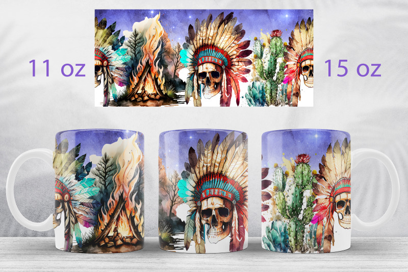 skull-mug-wrap-design-native-american-mug-sublimation-png