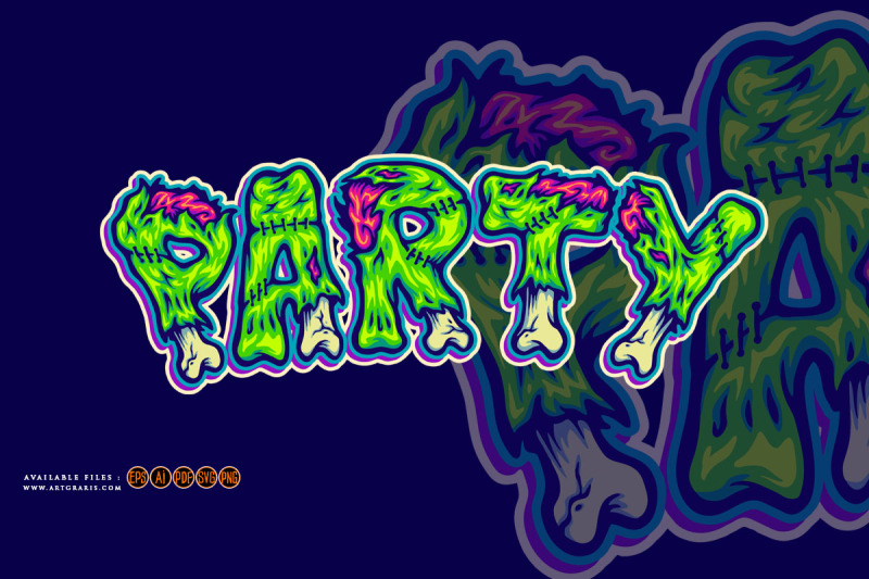 party-zombie-bone-font-hand-lettering-word-cartoon-illustrations