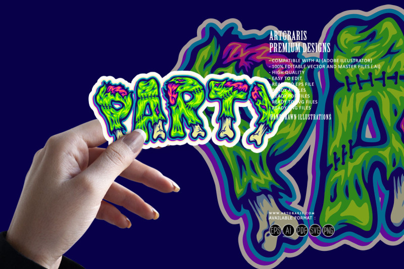 party-zombie-bone-font-hand-lettering-word-cartoon-illustrations