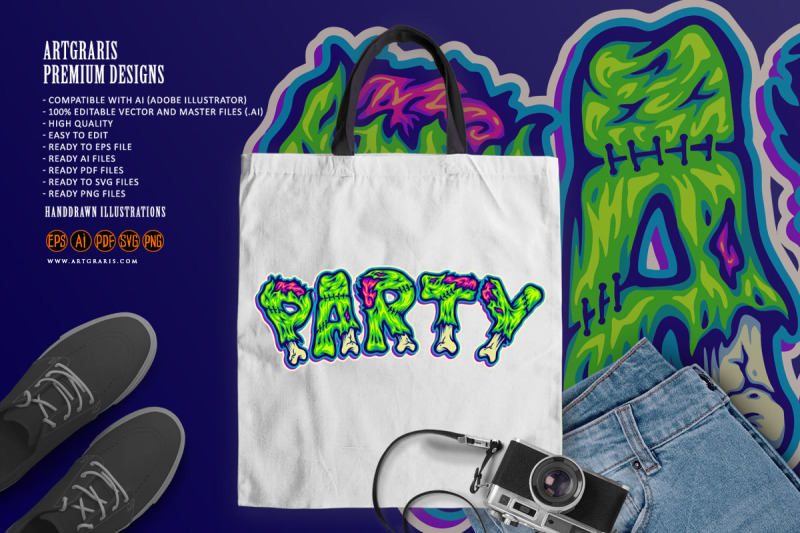 party-zombie-bone-font-hand-lettering-word-cartoon-illustrations