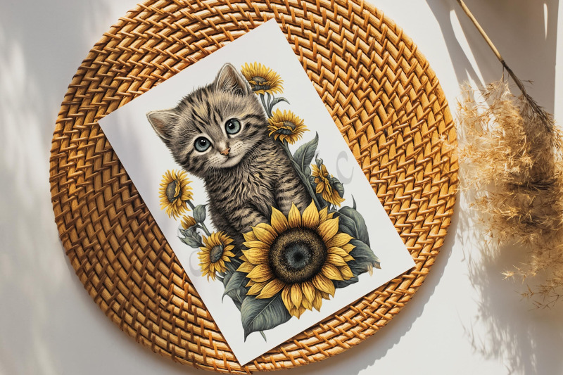 cute-kittens-sunflower-watercolor-cats-clipart-sublimation