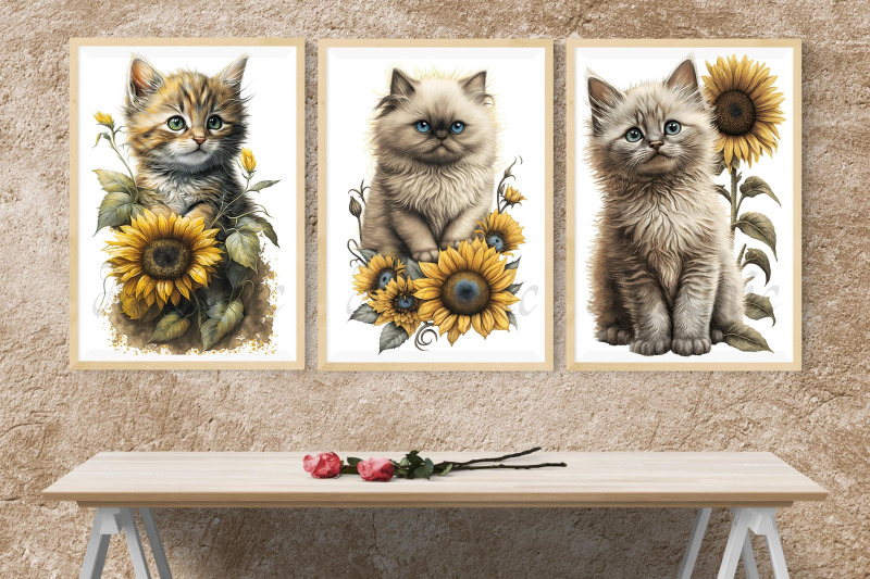 cute-kittens-sunflower-watercolor-cats-clipart-sublimation