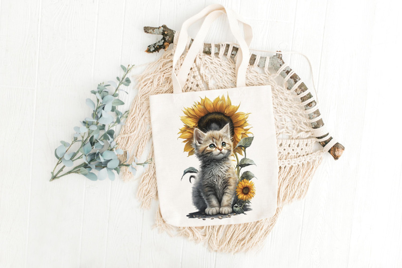 cute-kittens-sunflower-watercolor-cats-clipart-sublimation