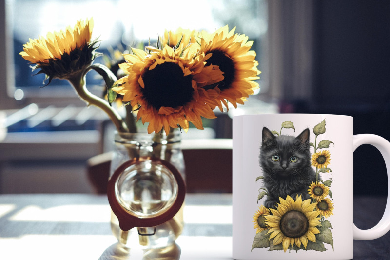 cute-kittens-sunflower-watercolor-cats-clipart-sublimation