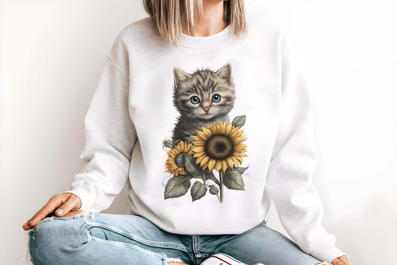 cute-kittens-sunflower-watercolor-cats-clipart-sublimation