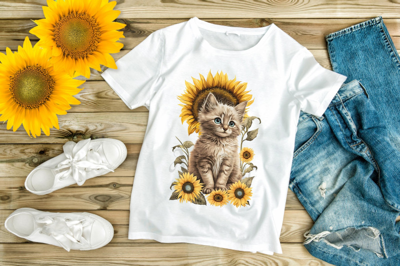 cute-kittens-sunflower-watercolor-cats-clipart-sublimation