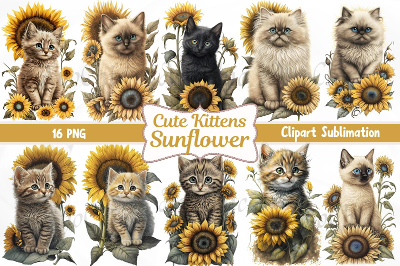 cute-kittens-sunflower-watercolor-cats-clipart-sublimation