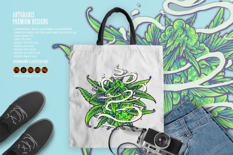 marijuana-hemp-leaf-plant-with-weed-smoke-logo-illustrations