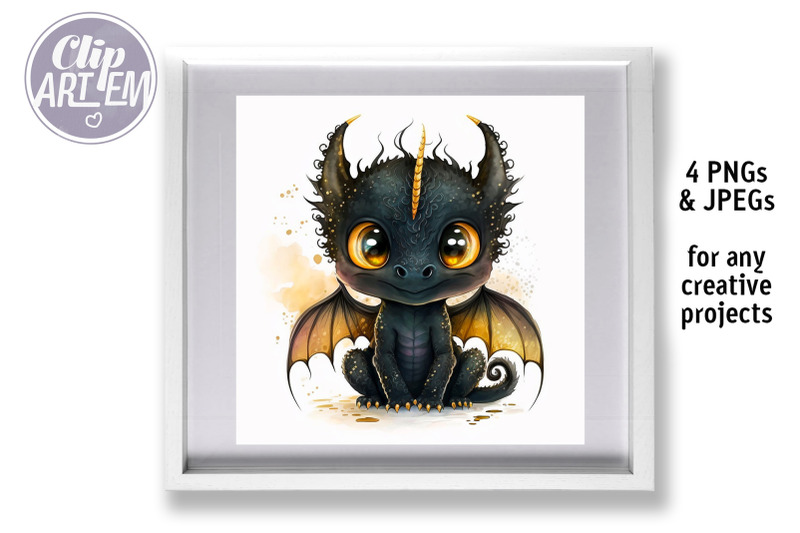 black-dragon-wall-art-watercolor-4-pngs-4-jpegs-bundle-nursery-images