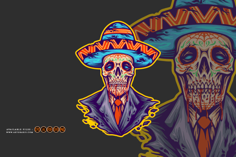 sugar-skull-muertos-mexican-sombrero-hat-logo-illustrations