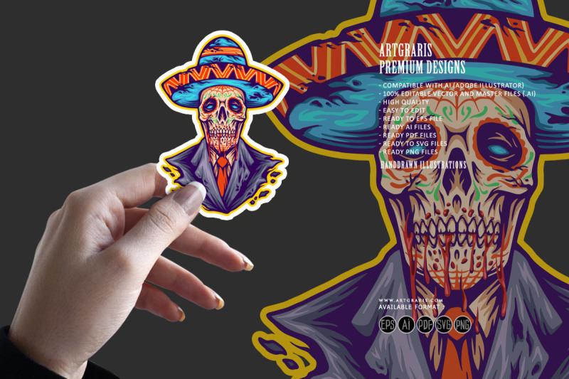 sugar-skull-muertos-mexican-sombrero-hat-logo-illustrations