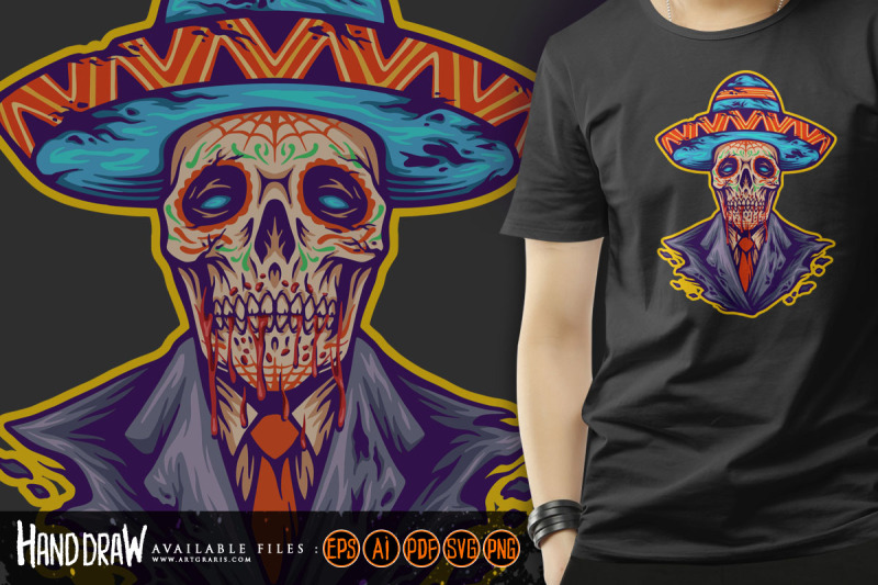 sugar-skull-muertos-mexican-sombrero-hat-logo-illustrations