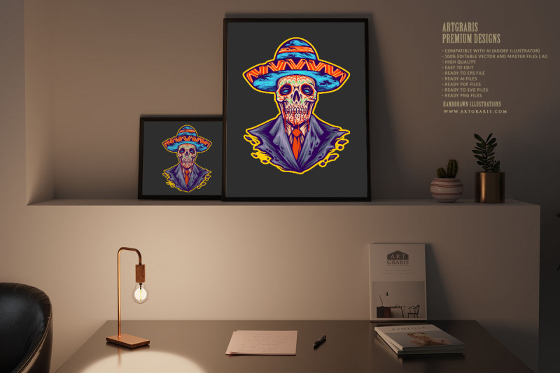 sugar-skull-muertos-mexican-sombrero-hat-logo-illustrations