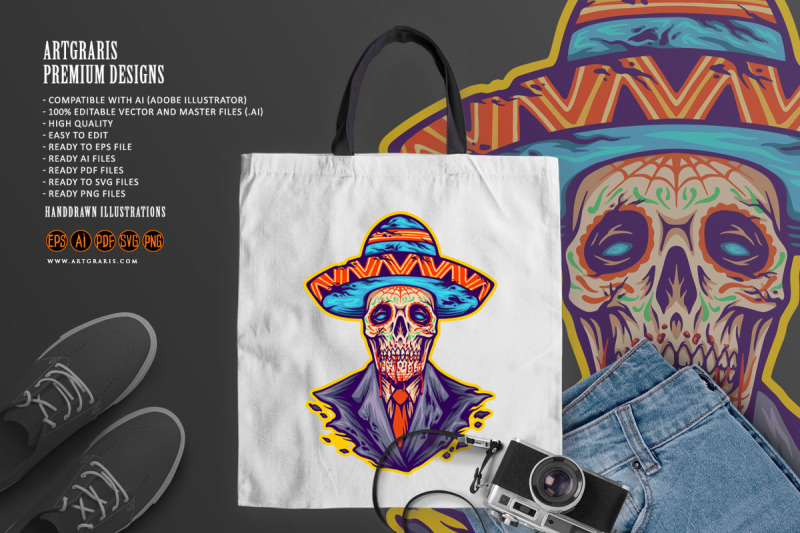 sugar-skull-muertos-mexican-sombrero-hat-logo-illustrations