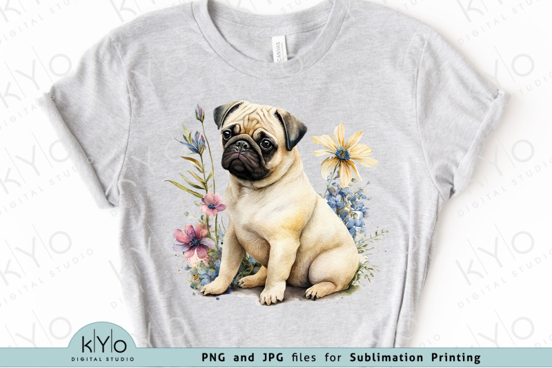 watercolor-floral-pug-with-flowers-png-clipart