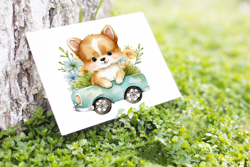 watercolor-cute-dogs-with-flowers-and-doggy-on-car-with-flowers-clipar