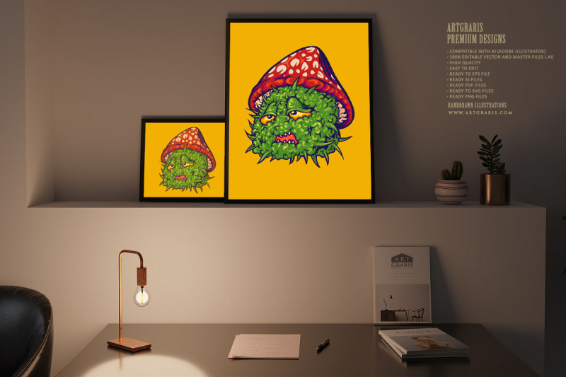 cute-mushrooms-monster-face-marijuana-bud-plant-logo-illustrations