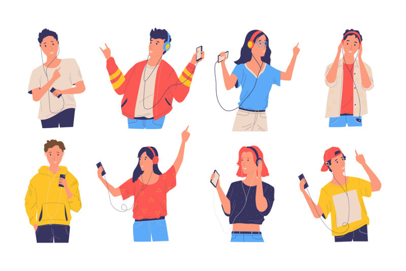 people-listen-music-cartoon-happy-teenagers-with-phones-and-headphone