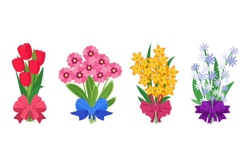 summer-bouquets-cartoon-bunches-of-flowers-tied-with-ribbons-colorfu