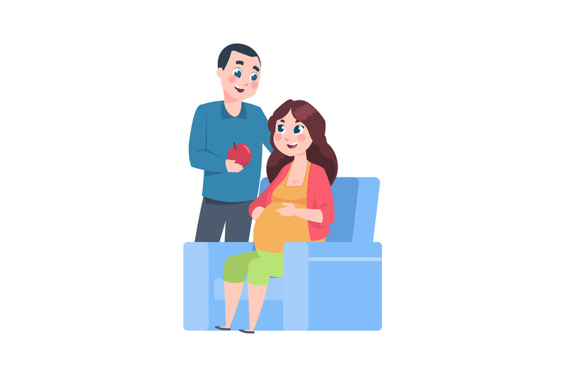 pregnancy-cartoon-pregnant-woman-with-husband-happy-man-giving-apple