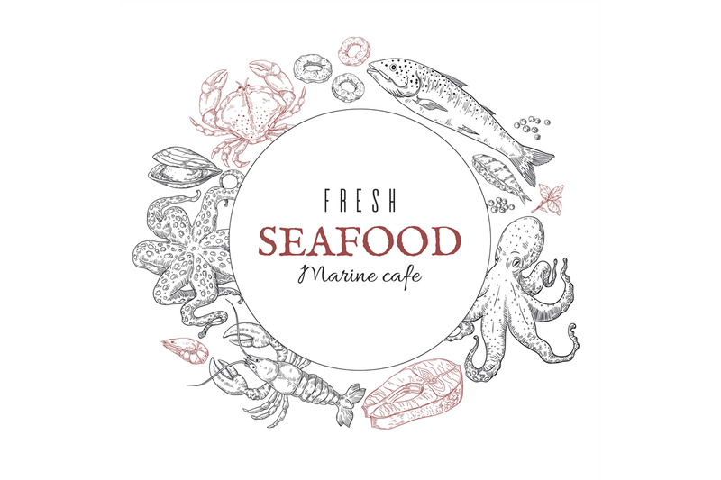 hand-drawn-seafood-frame-marine-cafe-signboard-round-border-of-ocean