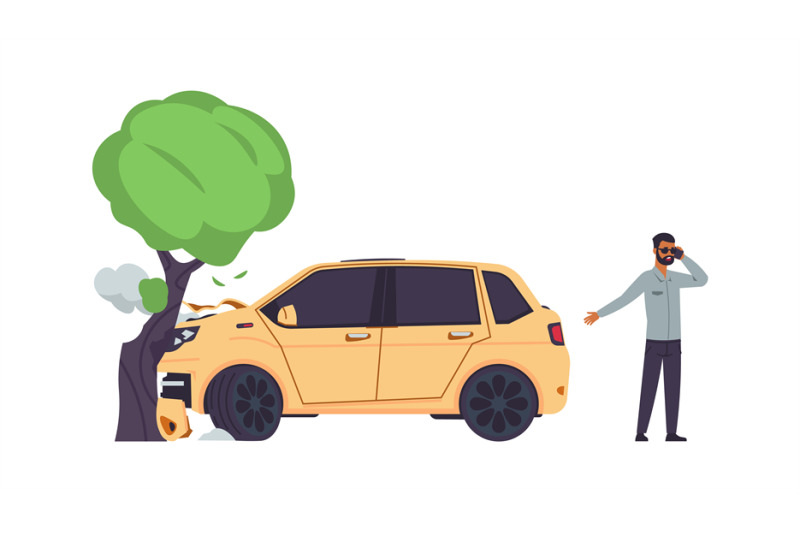 car-accident-automobile-crashes-into-tree-man-talking-on-smartphone
