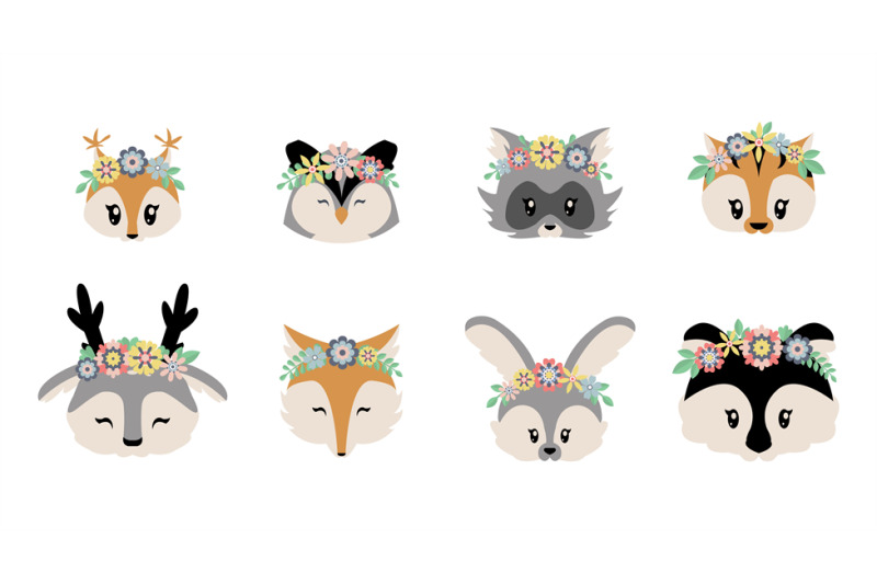 woodland-animals-cartoon-forest-characters-in-flower-wreaths-isolate