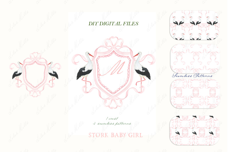 stork-newborn-girl-family-watercolor-crest-diy-dusty-pink-bow-digital