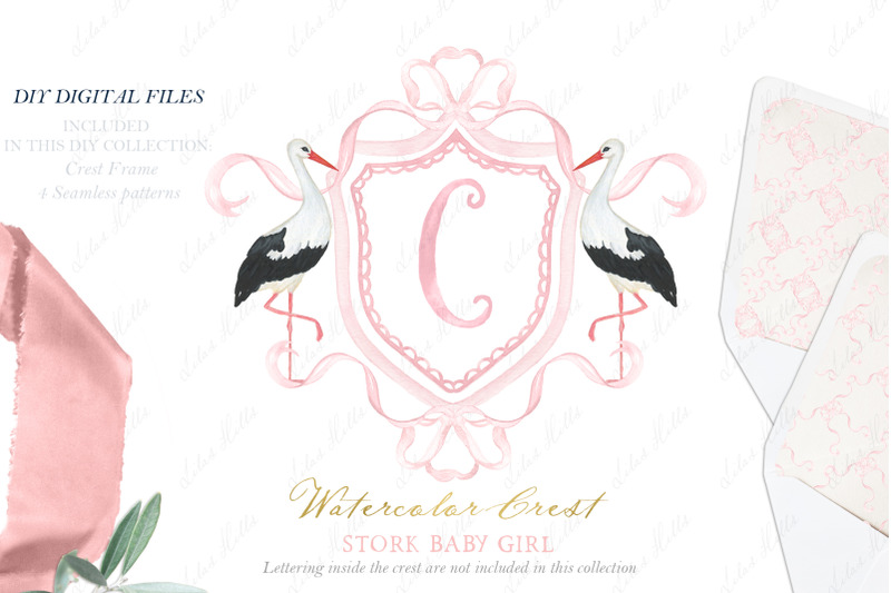 stork-newborn-girl-family-watercolor-crest-diy-dusty-pink-bow-digital