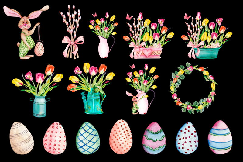 cute-easter-watercolor-clipart-bunny-eggs-tulips