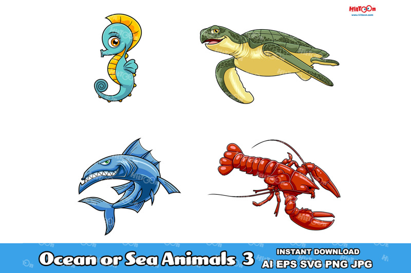 ocean-or-sea-animals-cartoon-mascot-characters-3-vector-collection