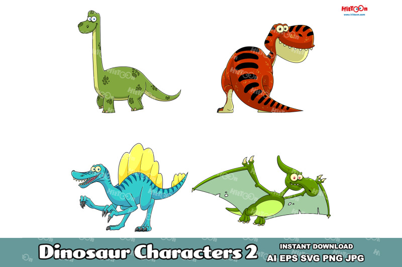 dinosaur-cartoon-mascot-characters-2-vector-hand-drawn-collection-set