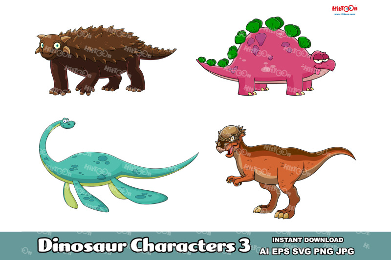 dinosaur-cartoon-mascot-characters-3-vector-hand-drawn-collection-set