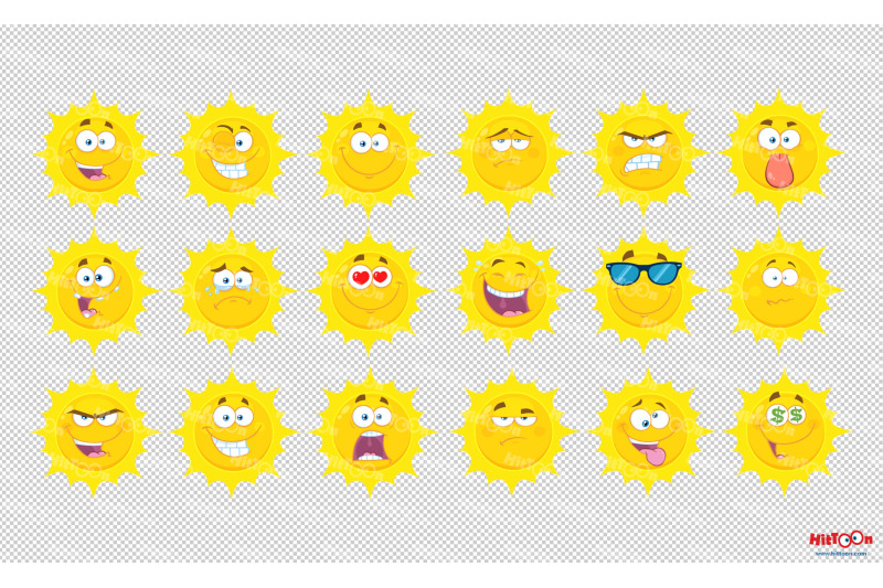 sun-cartoon-emoji-face-characters-vector-hand-drawn-collection-set