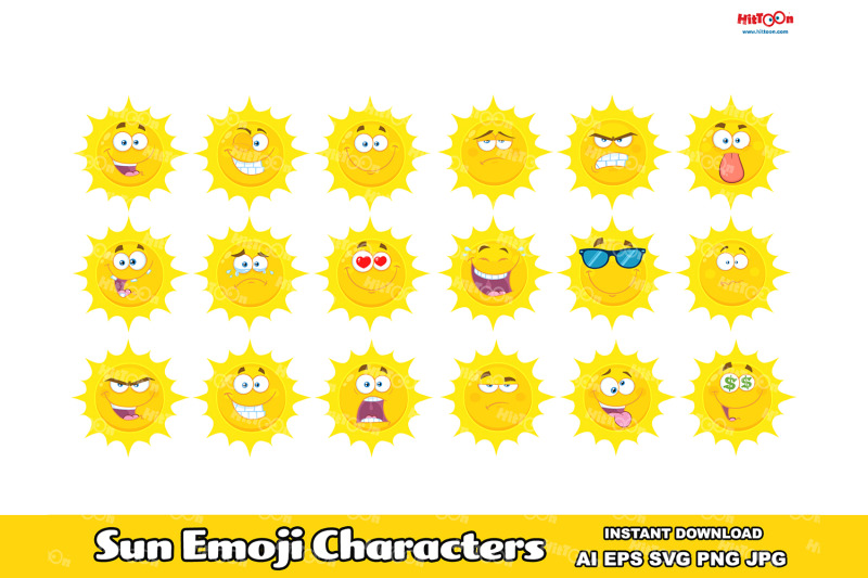 sun-cartoon-emoji-face-characters-vector-hand-drawn-collection-set