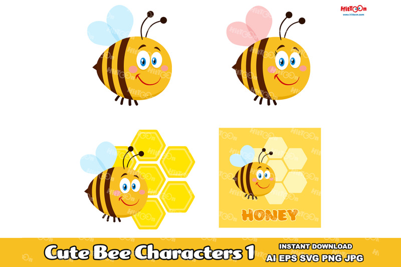 cute-bee-cartoon-mascot-characters-1-vector-hand-drawn-collection-set